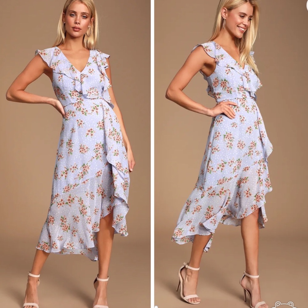 Lulus Cairo Periwinkle Floral Print Ruffled Midi Dress